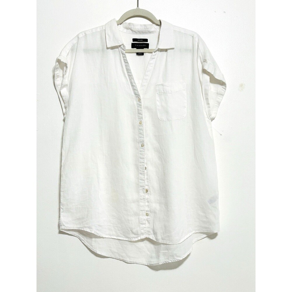 Tahari 100% White Linen Button Up Tunic Top Sz Large